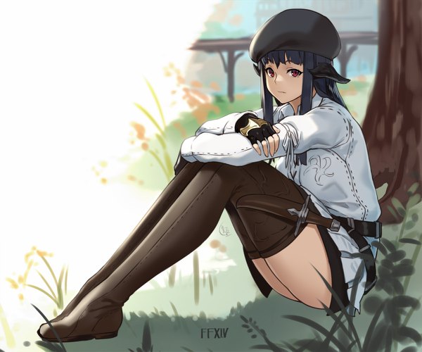 Anime picture 1200x1000 with final fantasy final fantasy xiv square enix au ra houtengeki single long hair looking at viewer blush fringe light erotic black hair red eyes sitting signed full body bent knee (knees) outdoors blunt bangs pleated skirt