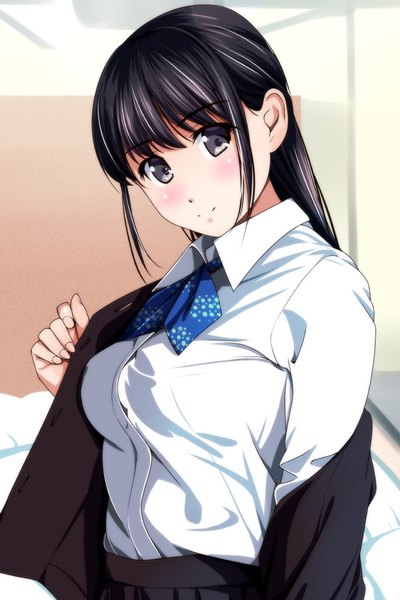 Anime picture 800x1200 with original matsunaga kouyou single long hair tall image looking at viewer blush black hair smile black eyes girl uniform school uniform shirt white shirt bowtie