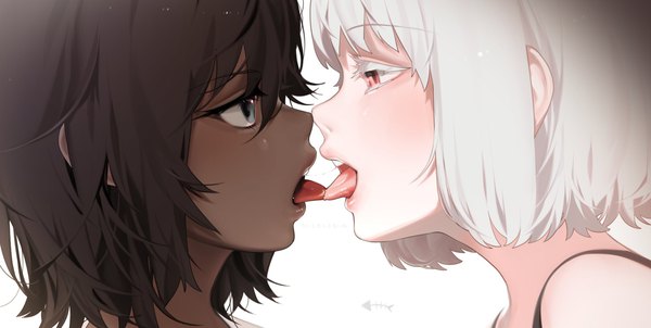 Anime-Bild 1964x990 mit original nacchan (ohisashiburi) micchan (ohisashiburi) ohisashiburi fringe highres short hair open mouth light erotic hair between eyes red eyes brown hair wide image white background multiple girls white hair profile lips black eyes teeth