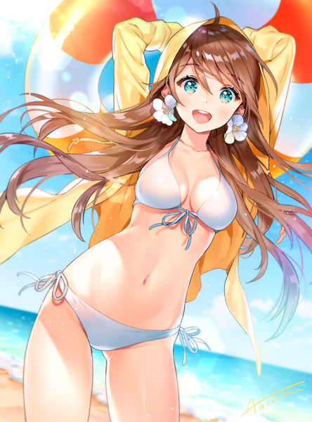 Anime picture 741x1000 with original ancotaku single long hair tall image looking at viewer blush fringe breasts open mouth light erotic smile hair between eyes brown hair standing holding sky cleavage cloud (clouds) ahoge