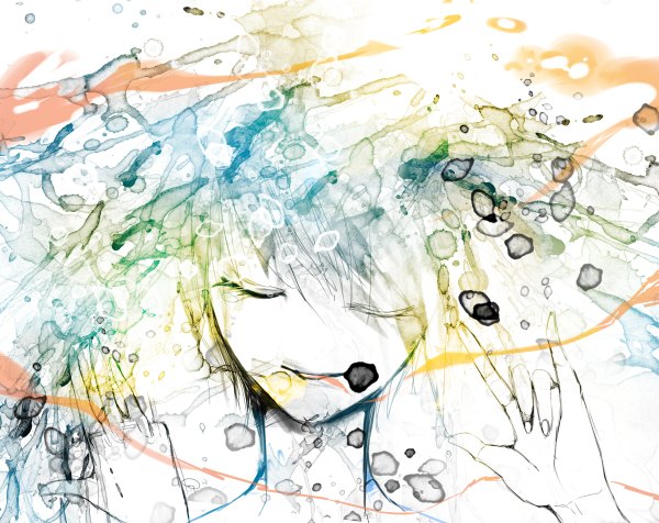 Anime picture 1200x952 with vocaloid hatsune miku single smile eyes closed traditional media watercolor (medium) drawing girl water hands