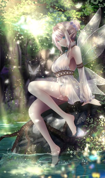 Anime picture 3445x5807 with original yuugi roki single tall image fringe highres short hair breasts open mouth blue eyes light erotic sitting payot absurdres silver hair full body bent knee (knees) outdoors blunt bangs barefoot
