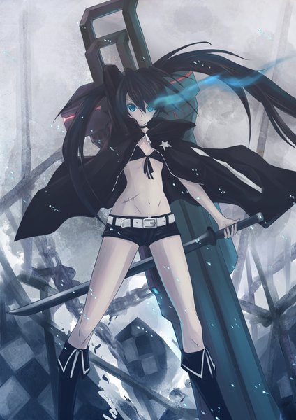 Anime picture 2480x3508 with black rock shooter black rock shooter (character) rinbukyoku (artist) single long hair tall image highres blue eyes black hair twintails midriff glowing scar glowing eye (eyes) clothes on shoulders girl weapon sword shorts chain