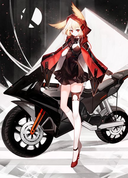 Anime picture 1500x2082 with original juexing (moemoe3345) single tall image looking at viewer fringe short hair breasts blonde hair red eyes standing animal ears cleavage full body shadow asymmetrical legwear girl thighhighs dress gloves