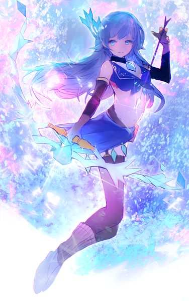 Anime picture 1204x1920 with merc storia stella (merc storia) tarbo (exxxpiation) single long hair tall image looking at viewer fringe blue eyes holding blue hair full body bent knee (knees) light smile bare belly sparkle floating hair girl thighhighs skirt