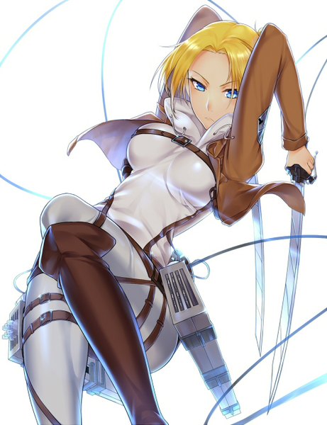 Anime picture 1000x1300 with shingeki no kyojin production i.g annie leonhart suika01 single tall image short hair blue eyes light erotic simple background blonde hair white background holding dual wielding battle girl weapon sword