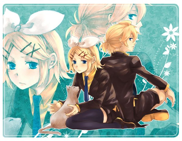 Anime picture 1500x1165 with vocaloid kagamine rin kagamine len naka 53 short hair blue eyes blonde hair sitting profile kneeling border zoom layer twins back to back girl thighhighs boy hair ornament bow black thighhighs