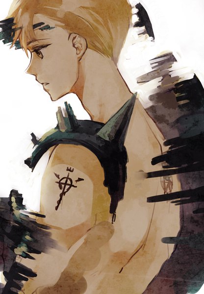 Anime picture 555x800 with fullmetal alchemist studio bones alphonse elric mozzu single tall image short hair blonde hair white background yellow eyes looking away upper body parted lips profile nude tattoo boy armor spaulder (spaulders)