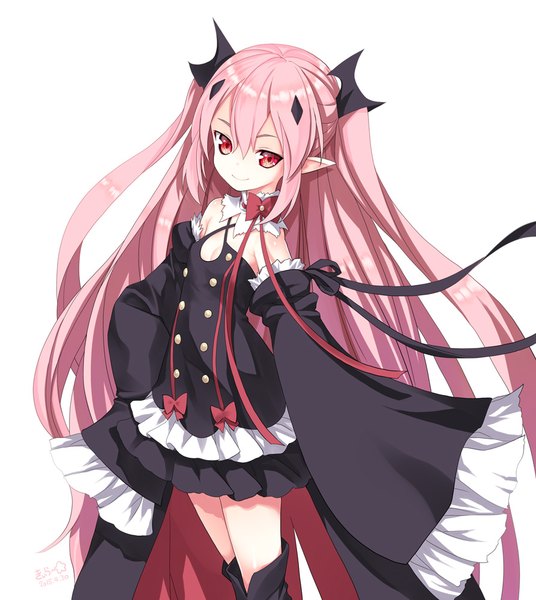 Anime picture 893x1000 with owari no seraph wit studio kururu tepes kiira single long hair tall image fringe simple background smile hair between eyes red eyes standing white background bare shoulders payot looking away pink hair from above wind