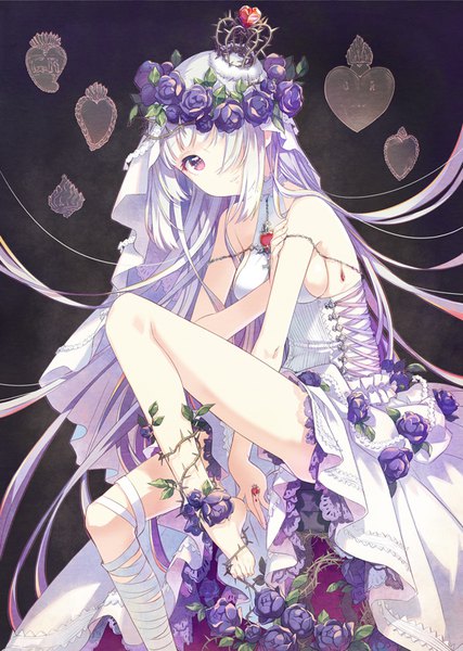 Anime picture 600x842 with original h2so4 single tall image looking at viewer fringe breasts light erotic simple background sitting bare shoulders bent knee (knees) white hair very long hair head tilt pink eyes barefoot hair over one eye no bra bare legs