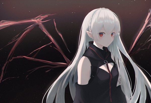 Anime picture 4093x2797 with arknights warfarin (arknights) 7ife single long hair looking at viewer highres red eyes absurdres silver hair upper body pointy ears black background girl detached sleeves wings
