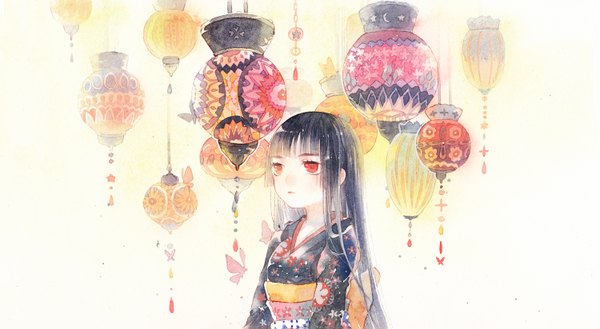 Anime picture 1500x823 with hell girl studio deen enma ai rei (pixiv4656825) single long hair fringe black hair red eyes wide image looking away traditional clothes japanese clothes floral print pale skin traditional media watercolor (medium) girl kimono insect