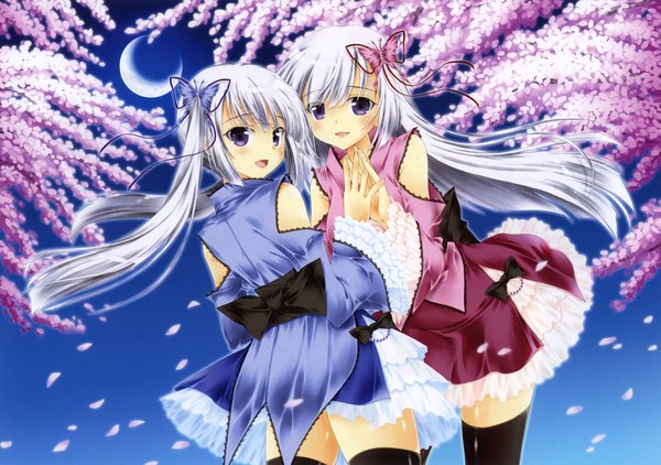 Anime picture 4602x3238 with original eshi 100-nin ten sasahiro long hair looking at viewer highres purple eyes twintails multiple girls absurdres silver hair cherry blossoms girl thighhighs dress hair ornament bow black thighhighs 2 girls petals