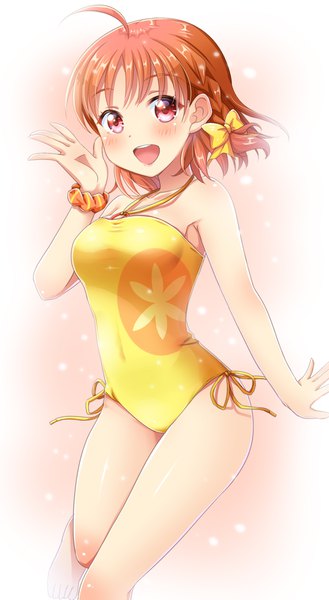 Anime picture 1132x2065 with love live! sunshine!! sunrise (studio) love live! takami chika motoasaco single tall image looking at viewer blush fringe short hair breasts open mouth light erotic simple background smile red eyes standing ahoge braid (braids)