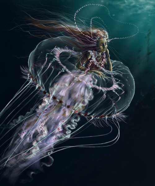 Anime picture 2952x3542 with original morgainelefee (artist) single long hair tall image highres white hair eyes closed realistic underwater crying green skin girl jellyfish