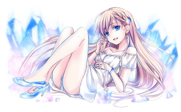 Anime picture 1800x1121 with original sakou mochi single long hair looking at viewer blush highres open mouth blue eyes light erotic blonde hair smile wide image white background bare shoulders nail polish barefoot legs girl dress