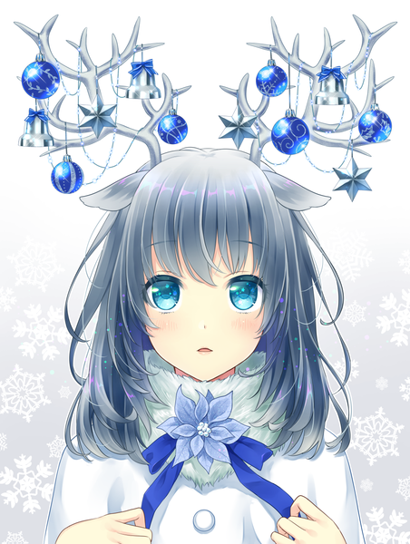 Anime picture 1000x1325 with original daidai jamu single long hair tall image looking at viewer blush blue eyes black hair animal ears parted lips horn (horns) girl garland