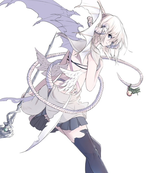 Anime picture 1510x1789 with aspara single tall image fringe short hair simple background white background holding looking away white hair tail head tilt horn (horns) grey eyes zettai ryouiki white wings multiple wings girl thighhighs skirt