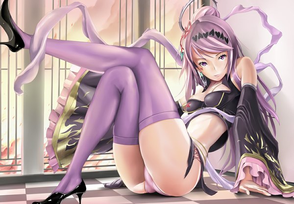 Anime picture 1150x800 with sangokushi taisen mogmog long hair light erotic purple eyes purple hair pantyshot checkered floor trefoil girl thighhighs detached sleeves shoes