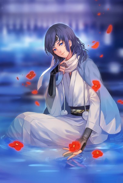 Anime picture 540x800 with touken ranbu nitroplus yamato no kami yasusada kodori single long hair tall image looking at viewer blue eyes smile sitting blue hair traditional clothes head tilt japanese clothes mole wide sleeves depth of field mole under eye partially submerged