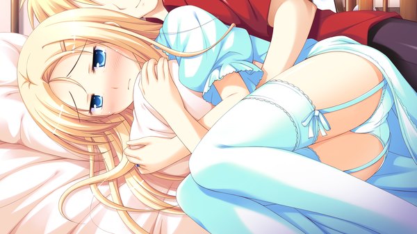 Anime picture 1920x1080 with shukufuku no campanella carina verritti long hair blush highres blue eyes light erotic blonde hair wide image game cg girl thighhighs underwear panties white thighhighs bed