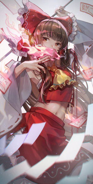 Anime picture 1106x2188 with touhou hakurei reimu kyusoukyu single long hair tall image looking at viewer fringe brown hair brown eyes blunt bangs midriff covered mouth girl skirt navel bow hair bow detached sleeves skirt set