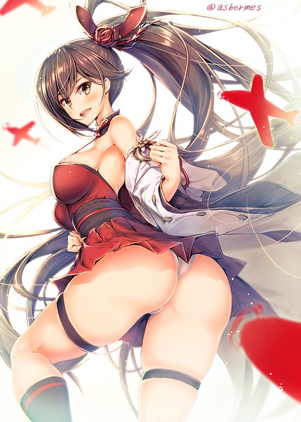 Anime picture 715x1000 with azur lane zuikaku (azur lane) ashermes single long hair tall image looking at viewer blush breasts open mouth light erotic brown hair large breasts standing white background bare shoulders brown eyes signed bent knee (knees) ass