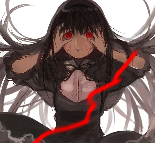 Anime picture 1000x923 with mahou shoujo madoka magica shaft (studio) akemi homura homulilly sanae (satansanae) single long hair looking at viewer black hair simple background red eyes white background magical girl hands on head girl dress frills