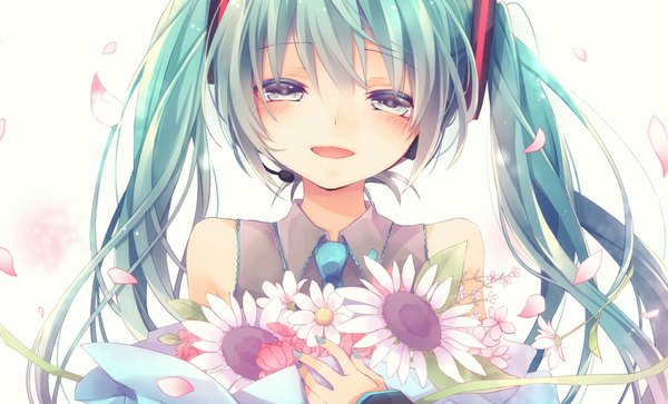 Anime picture 990x600 with vocaloid hatsune miku kuroi (liar-player) single long hair looking at viewer blush open mouth wide image white background twintails bare shoulders nail polish aqua eyes wind aqua hair aqua nail polish girl flower (flowers) petals