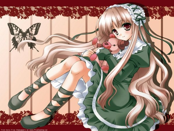 Anime picture 1400x1050 with original paranoia max single smile very long hair girl dress headdress insect butterfly toy stuffed animal