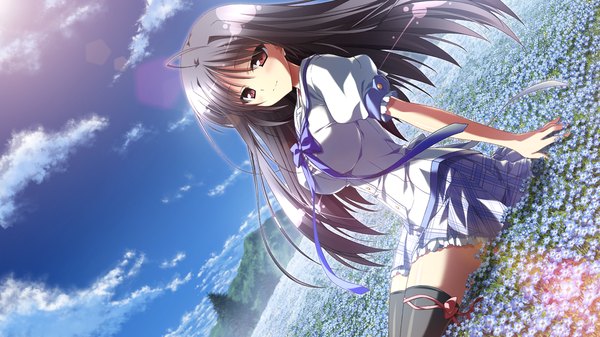 Anime picture 1280x720 with natsuzora no perseus minori toono ren shouna mitsuishi single long hair looking at viewer blush black hair red eyes wide image sitting game cg sky cloud (clouds) girl thighhighs uniform flower (flowers) school uniform