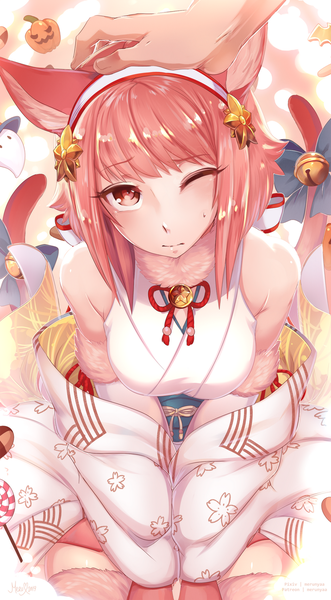 Anime picture 828x1500 with fire emblem fire emblem heroes fire emblem fates nintendo sakura (fire emblem if) merunyaa tall image looking at viewer blush fringe short hair breasts simple background large breasts sitting bare shoulders animal ears payot pink hair tail