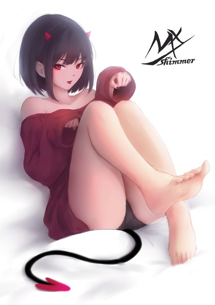 Anime picture 1488x2104 with original shimmer single tall image looking at viewer blush fringe short hair light erotic black hair simple background red eyes white background sitting signed full body bent knee (knees) tail long sleeves nail polish