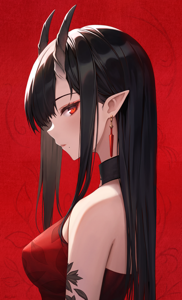 Anime-Bild 2000x3300 mit original narijade single long hair tall image looking at viewer fringe highres breasts black hair simple background red eyes bare shoulders payot upper body profile horn (horns) pointy ears mole elf