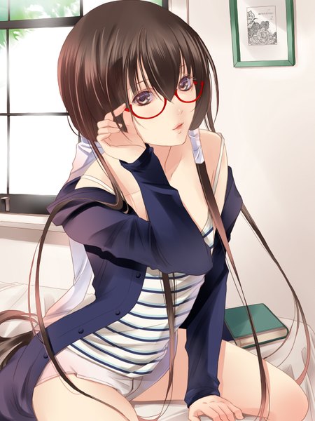 Anime picture 1200x1600 with getbackers studio deen fuuchouin kazuki hirai chika single long hair tall image looking at viewer brown hair sitting bare shoulders off shoulder striped otoko no ko multicolored eyes boy glasses shorts window book (books)