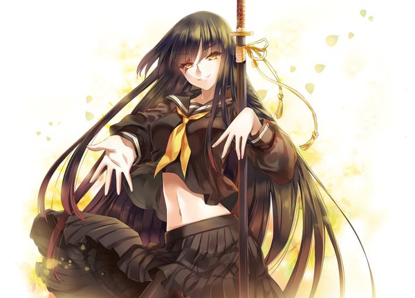 Anime picture 1527x1098 with original cu-rim single long hair black hair yellow eyes midriff girl navel weapon sword serafuku katana