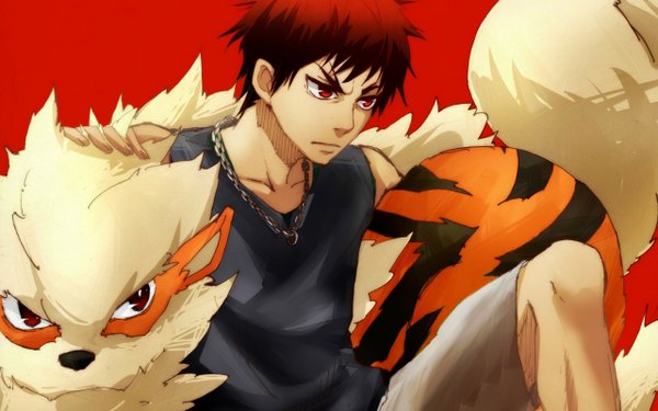 Anime picture 1280x800 with pokemon kuroko no basket nintendo production i.g kagami taiga arcanine 845 (artist) short hair simple background red eyes red hair red background crossover frown gen 1 pokemon boy animal shorts pendant chain