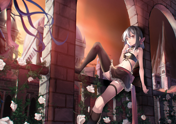 Anime picture 1700x1202 with original lee-chan (saraki) saraki long hair fringe short hair light erotic hair between eyes sitting multiple girls brown eyes blue hair looking away bent knee (knees) grey hair solo focus girl skirt flower (flowers) 2 girls