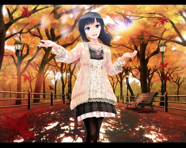 Anime picture 1200x960 with original infinote single long hair looking at viewer open mouth blue eyes black hair autumn girl dress plant (plants) tree (trees) leaf (leaves) autumn leaves bench