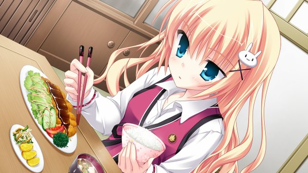 Anime picture 1280x720 with kisaragi gold star (game) long hair blue eyes blonde hair wide image game cg girl food katsu (food)