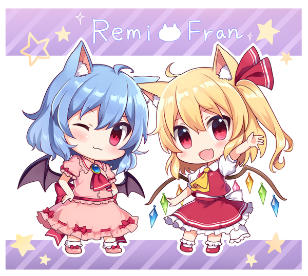 Anime-Bild 1436x1292 mit touhou flandre scarlet remilia scarlet yada (xxxadaman) looking at viewer blush short hair open mouth simple background blonde hair smile red eyes multiple girls animal ears blue hair full body ahoge :d one eye closed arm up