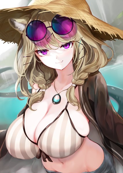 Anime picture 1500x2107 with arknights utage (arknights) utage (summer flowers) (arknights) suke single long hair tall image looking at viewer blush fringe breasts light erotic blonde hair smile standing animal ears cleavage outdoors tail braid (braids)