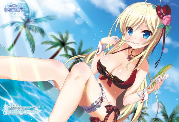 Anime picture 2808x1920 with noucome chocolat (noucome) nanase meruchi single long hair looking at viewer blush highres breasts blue eyes light erotic blonde hair large breasts sky cloud (clouds) scan girl swimsuit plant (plants) hat