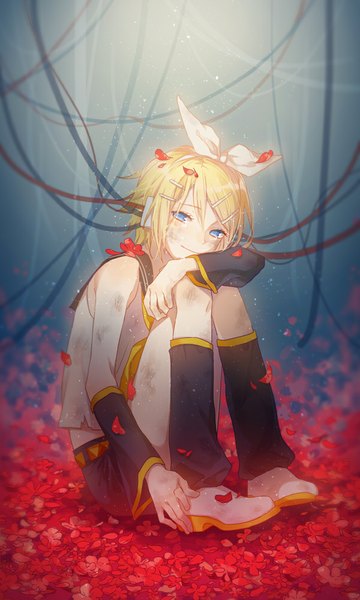 Anime picture 600x1000 with vocaloid kokoro (vocaloid) kagamine rin io (sinking=carousel) single tall image looking at viewer short hair blue eyes blonde hair sitting light smile tears girl flower (flowers) bow hair bow detached sleeves petals headphones