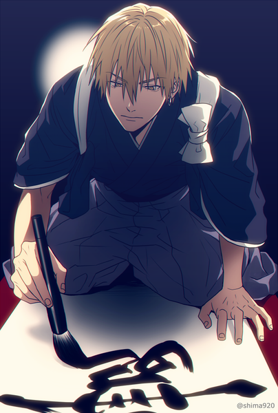 Anime picture 640x950 with kuroko no basket production i.g kise ryouta mashima shima single tall image fringe short hair blonde hair hair between eyes holding signed yellow eyes indoors traditional clothes japanese clothes wide sleeves arm support alternate costume twitter username