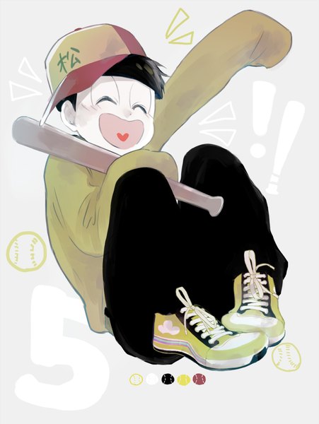 Anime picture 800x1065 with osomatsu-san matsuno juushimatsu asarai single tall image short hair open mouth black hair simple background holding full body eyes closed long sleeves arm up grey background happy lacing boy shoes sneakers
