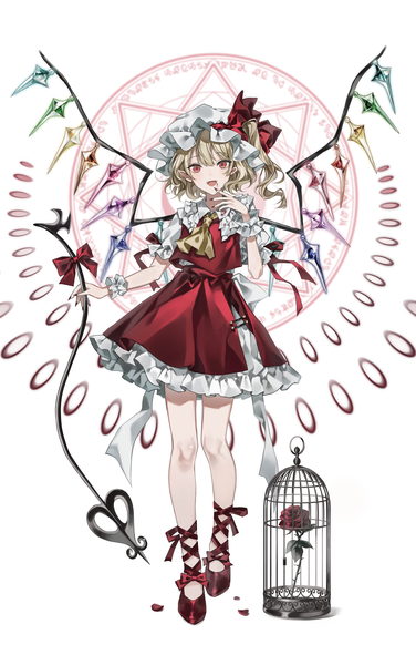 Anime picture 4539x7248 with touhou flandre scarlet hanaya (fleur) single tall image looking at viewer highres short hair open mouth blonde hair red eyes white background absurdres full body nail polish :d pointy ears bare legs fang (fangs) one side up