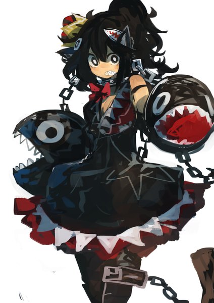 Anime picture 2480x3508 with super mario bros. new super mario bros. u deluxe princess chain chomp chain chomp kamindani single long hair tall image looking at viewer fringe highres black hair smile hair between eyes standing white background animal ears ponytail black eyes teeth