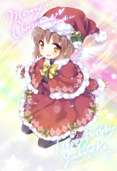 Anime picture 669x979 with idolmaster idolmaster (classic) hagiwara yukiho ech single tall image looking at viewer blush fringe short hair open mouth brown hair yellow eyes bent knee (knees) from above fur trim christmas spread arms jumping white wings