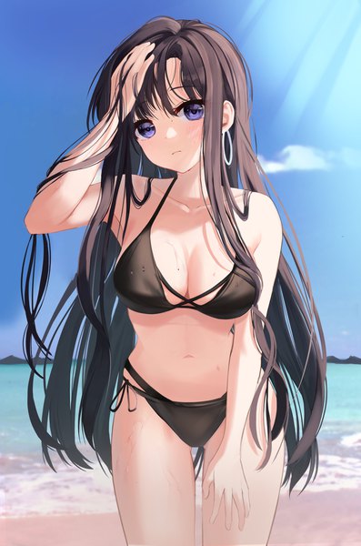 Anime picture 2707x4096 with original moko (jw7436) single long hair tall image looking at viewer blush fringe highres breasts blue eyes light erotic black hair hair between eyes large breasts standing cleavage head tilt arm up sunlight